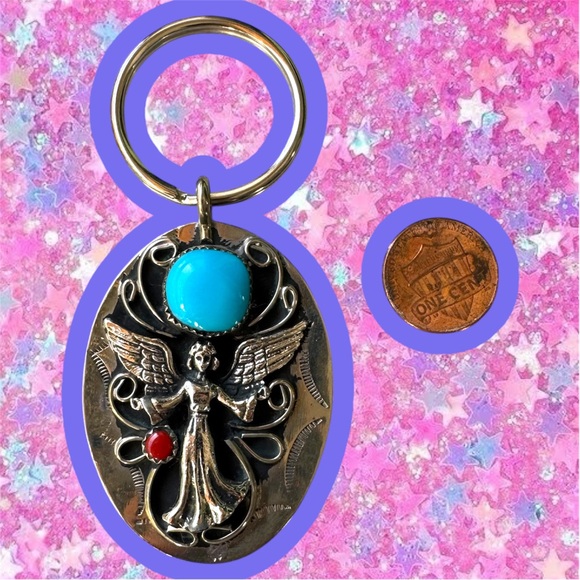 American Vintage Accessories - Vintage unsigned 90s silver tone faux turquoise coral angel keychain ring NWOT